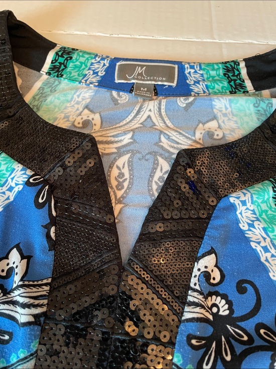 JM Collection Tops - JM Collection Blue, Teal & Black Sequin V-Neck Blouse